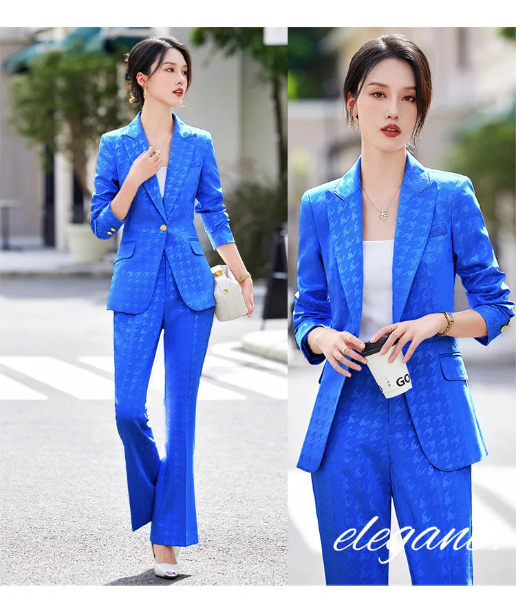 Fashion Ladies Formal Pant Suit Women Houndstooth Single Button Jacket And Trouser Female Business Work Wear 2 Piece Blazer Set