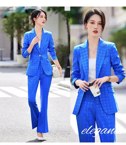 Fashion Ladies Formal Pant Suit Women Houndstooth Single Button Jacket And Trouser Female Business Work Wear 2 Piece Blazer Set
