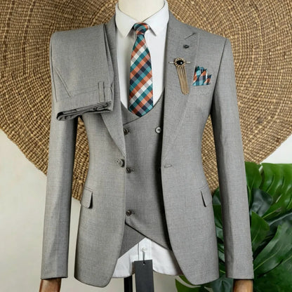 Men Suit Brown 3 Piece Solid With Lapel For Wedding Groom Birthday Banquet Party Prom Business Office Work Jacket Vest Pants