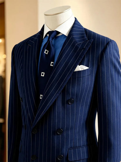 Navy Blue Striped Pattern Business Suit Jacket Double Breasted Slim Fit Blazer Casual Formal Attire Office Groom's Wedding Dress