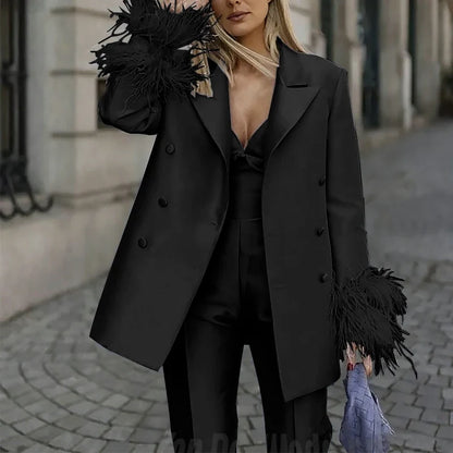 Classic Satin Women's Suit Set 2 Piece Exquisite Feather Double Breasted Jacket With Pants Evening Party Luxury Trouser Suits