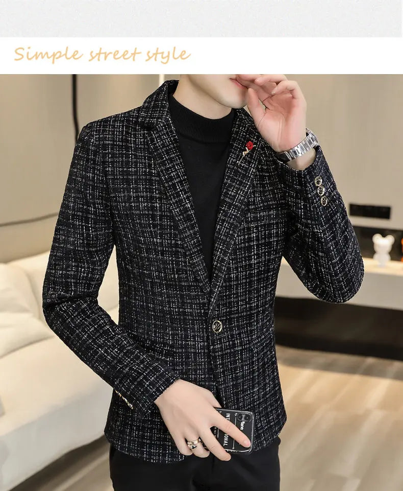 Korean Fashion Woven Suit Jacket for Men Autumn Slim Fit Casual Men Blazers Street Wear Social Business Dress Coats Men Clothing