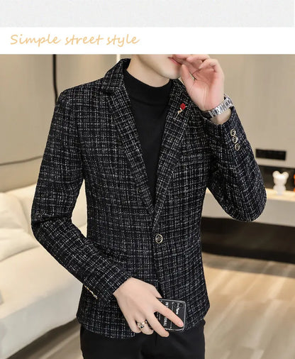 Korean Fashion Woven Suit Jacket for Men Autumn Slim Fit Casual Men Blazers Street Wear Social Business Dress Coats Men Clothing