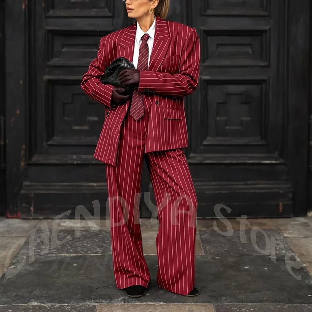 Burgundy Striped Casual Women Suit Two Pieces Jacket Pants Loose Fit Peak Lapel Blazer Set Evening Party Prom Lady Outfit