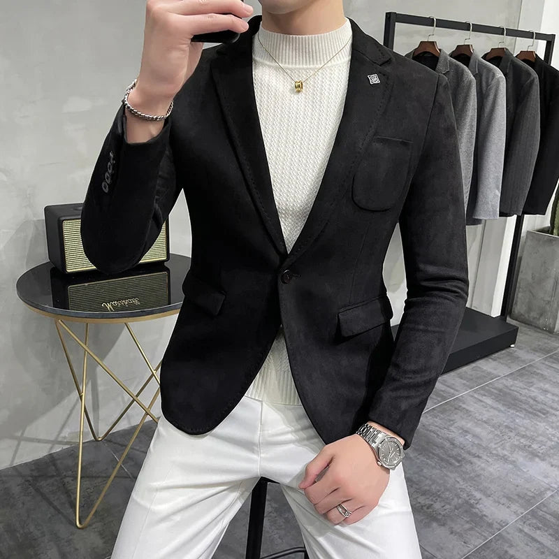 2023 Spring Suede Suit Jacket Men Casual Business Slim Fit Blazer Deerskin Leather Jacket Men Wedding Street Wear Social Coat