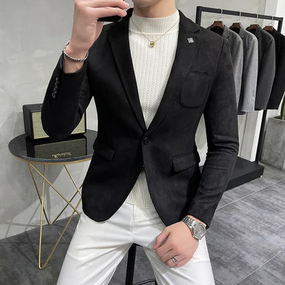 2023 Spring Suede Suit Jacket Men Casual Business Slim Fit Blazer Deerskin Leather Jacket Men Wedding Street Wear Social Coat
