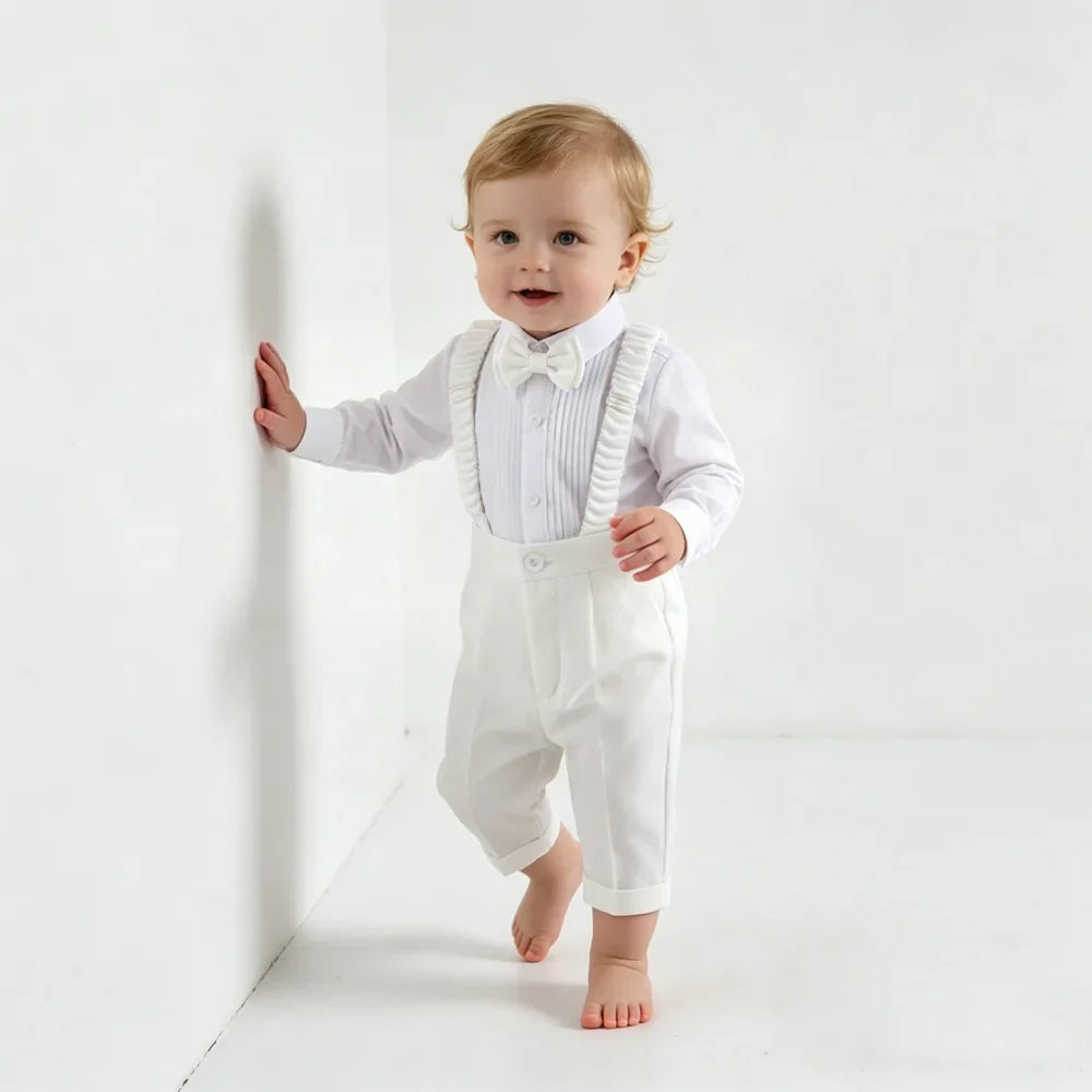 Baby Boy 4Pcs White Formal Suit Double Breasted Blazer Pants Suspenders Bow Tie Toddler Wedding Birthday Party Gentleman Costume