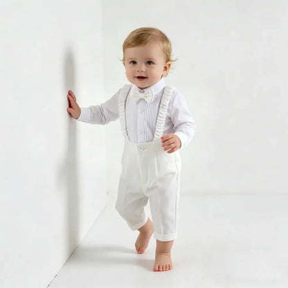 Baby Boy 4Pcs White Formal Suit Double Breasted Blazer Pants Suspenders Bow Tie Toddler Wedding Birthday Party Gentleman Costume