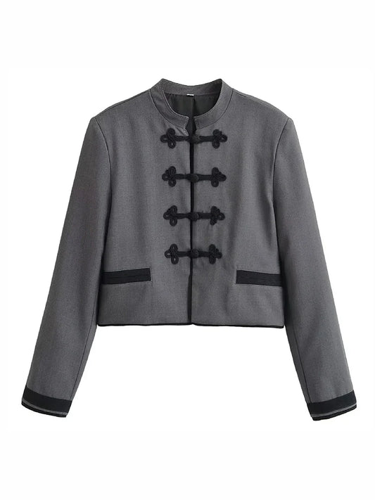 Women Cropped Blazer Chinese Frog Button Jacket Vintage Oriental Short Coat Office Lady Structured Jacket