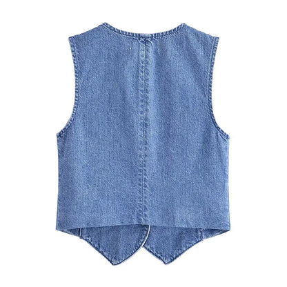 Women Fashion Front Button Denim Waistcoat Vintage V Neck Sleeveless Female Outerwear Chic Vest Tops