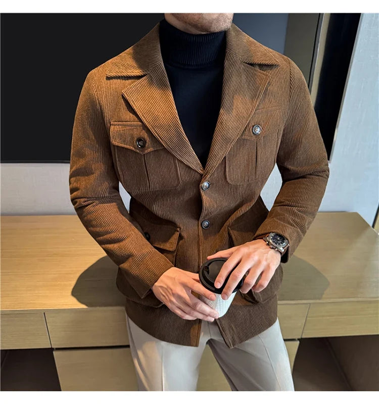 Autumn Winter Corduroy Medium Long Hunting Jacket Men's Fashion Thick Suit Jacket Casual Business Blazers Social Streetwear 2025