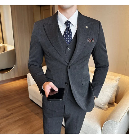 (Blazer + Vest + Trousers) 2024 New Men Formal Business Solid Suit 3 Pieces Set Italian Style Luxury Wedding Social Party Tuxedo