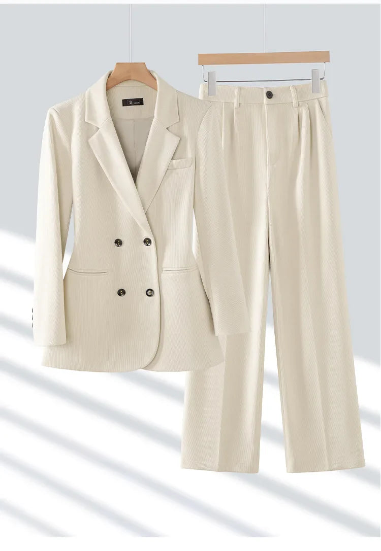 Autumn Winter 2024 New Apricot Coffee Black Elegant Double Breasted Blazer Top And Women High Waist Wide Leg Pant Two Piece Set