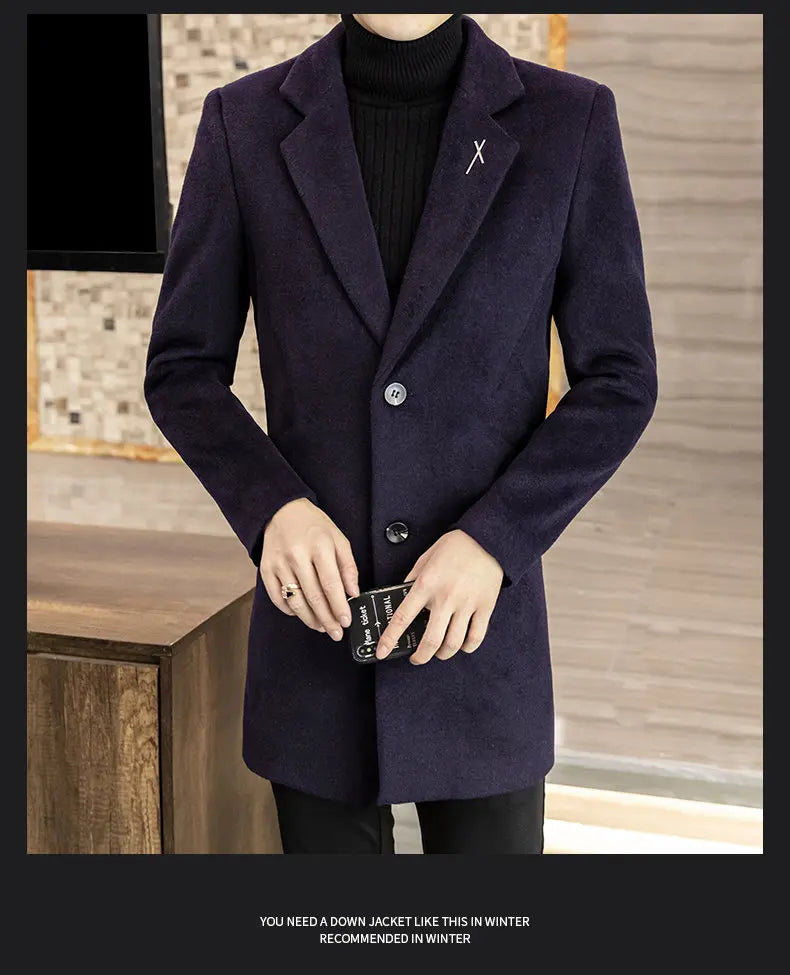 High-quality men's fashionable and stylish mid-length solid color woolen and cotton thick coat for autumn and winter