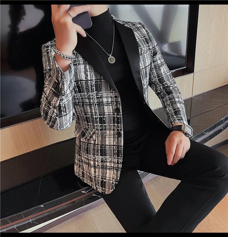 British Style Woven Suit Jacket Men Fashion Plaid Casual Business Blazer Gentleman Versatile Banquet Party Groom Wedding Coats