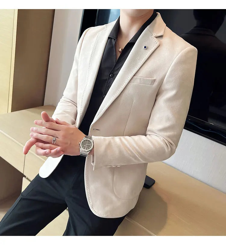 British Style Autumn Suede Business Casual Suit Jacket for Men High Quality Social Office Blazers Wedding Groom Dress Coats