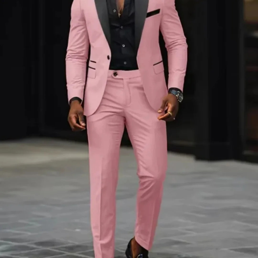 New Men Suits Business Casual Shawl Neck Single Breasted Blazer & Pant 2Pcs Set Men Pink Suit Elegant Man Suit Blazer Sets