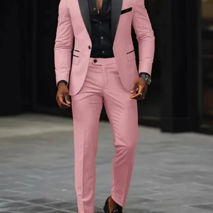 New Men Suits Business Casual Shawl Neck Single Breasted Blazer & Pant 2Pcs Set Men Pink Suit Elegant Man Suit Blazer Sets
