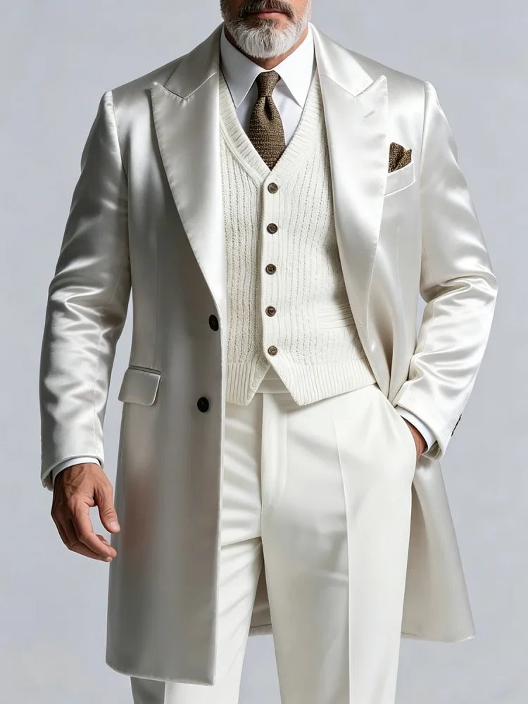 Men Elegant White Silk Satin Long Overcoat Formal Gentleman Outerwear