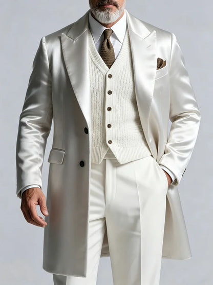 Men Elegant White Silk Satin Long Overcoat Formal Gentleman Outerwear