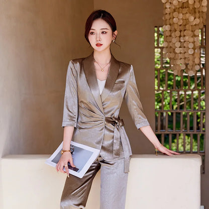 Designer Splicing Women Senior Luxurious Blazer Suit Pants Set Soft Satin Silk Office Lady Solid Coat Big Size Elegant Jacket