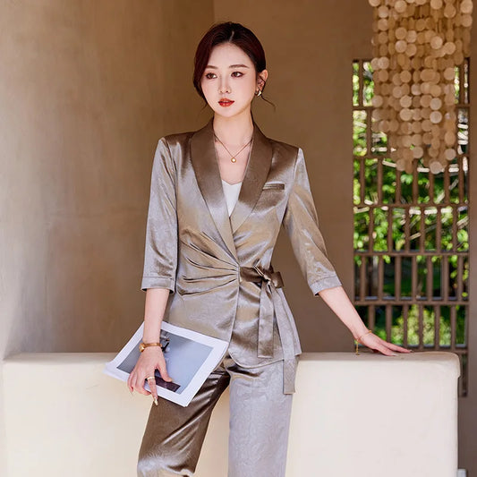 Designer Splicing Women Senior Luxurious Blazer Suit Pants Set Soft Satin Silk Office Lady Solid Coat Big Size Elegant Jacket