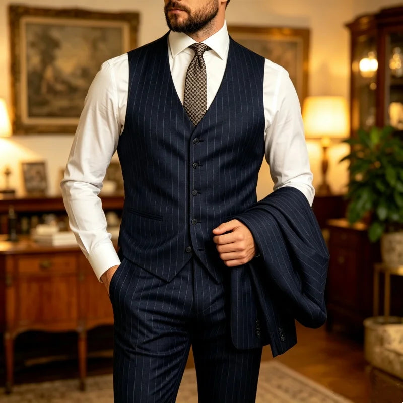 Men's Striped 3-Piece Suit – Slim Fit Blazer, Vest & Pants for Formal & Wedding Wear