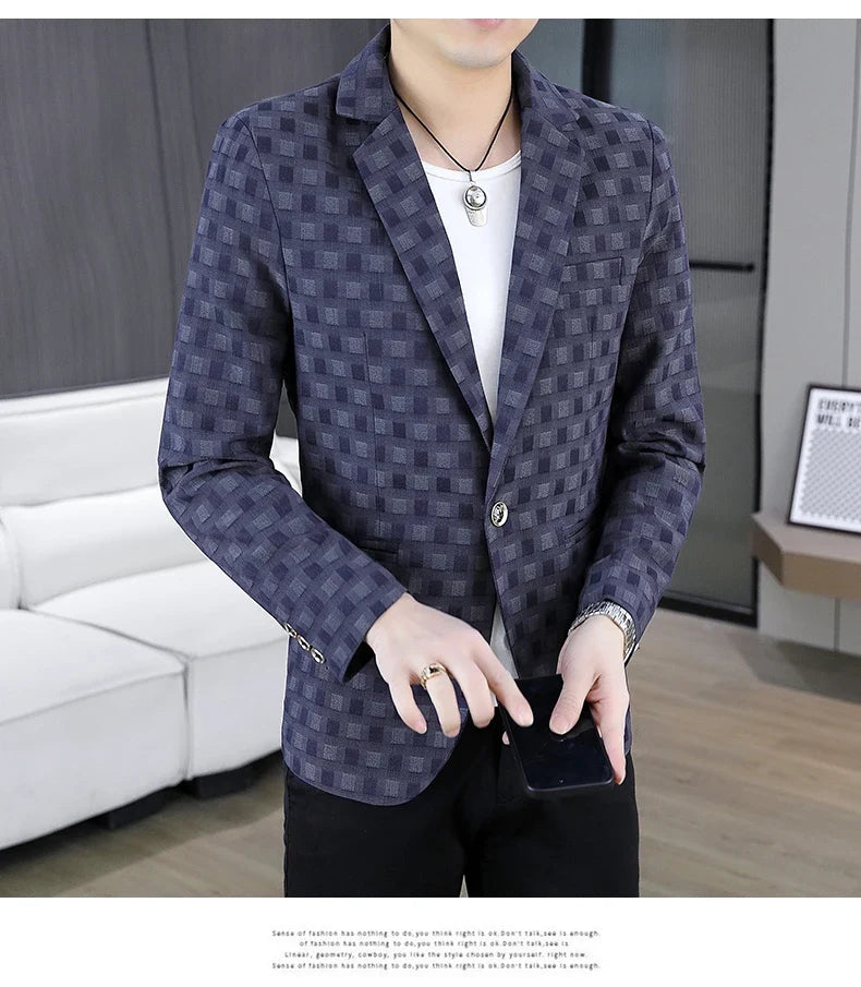 2026 Spring Autumn Men's Suit Jacket Korean Checkered Suit Jackets Slim Fit Fashion Casual Business Formal Blazers Costume Homme