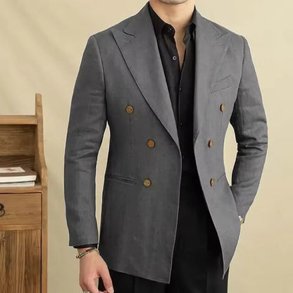 Vintage Men's Linen Blazer Double Breasted Peak Lapel Slim Fit Jacket Breathable Soft Wrinkle Free Business Casual Men Suit Coat