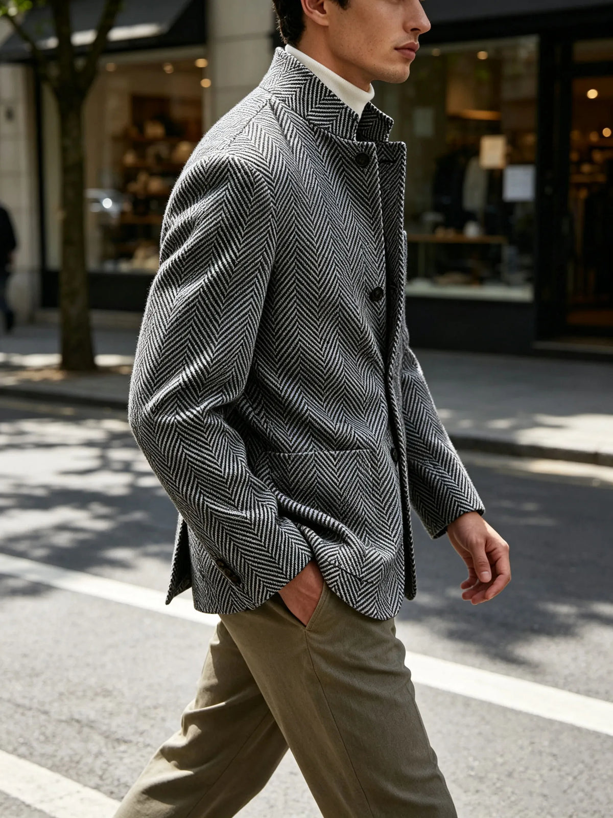 Men's Herringbone Tweed Stand Collar Blazer  Notch Lapel Slim Fit Wool Blend Sport Coat Business Casual Wedding Prom Man Jackets