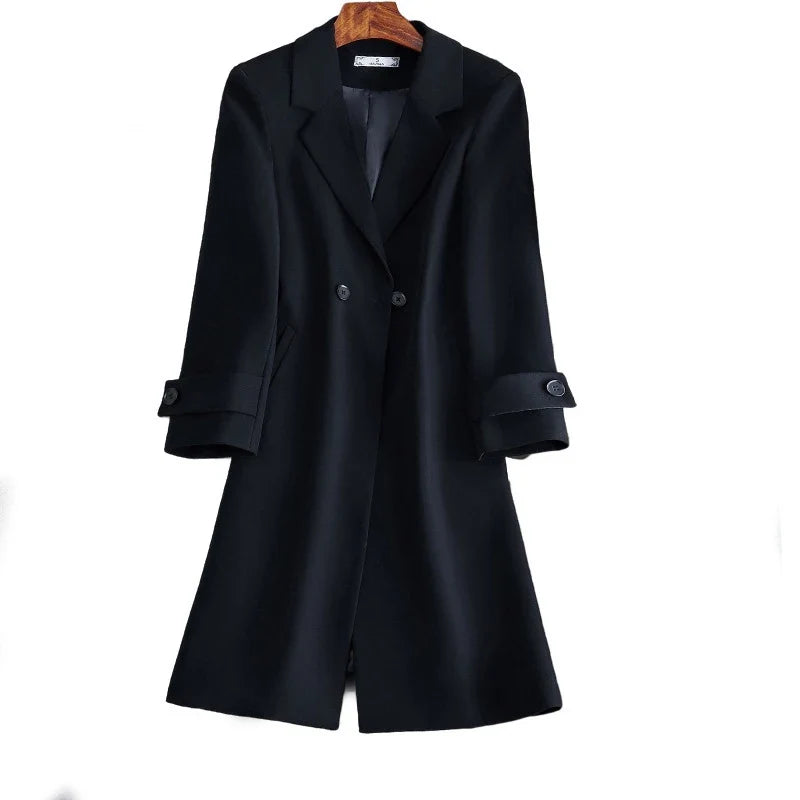 2022 Winter High-end Women's Business Suit Pants Two-piece Set Temperament Slim Solid Color Lady Double Breasted Trench Coat