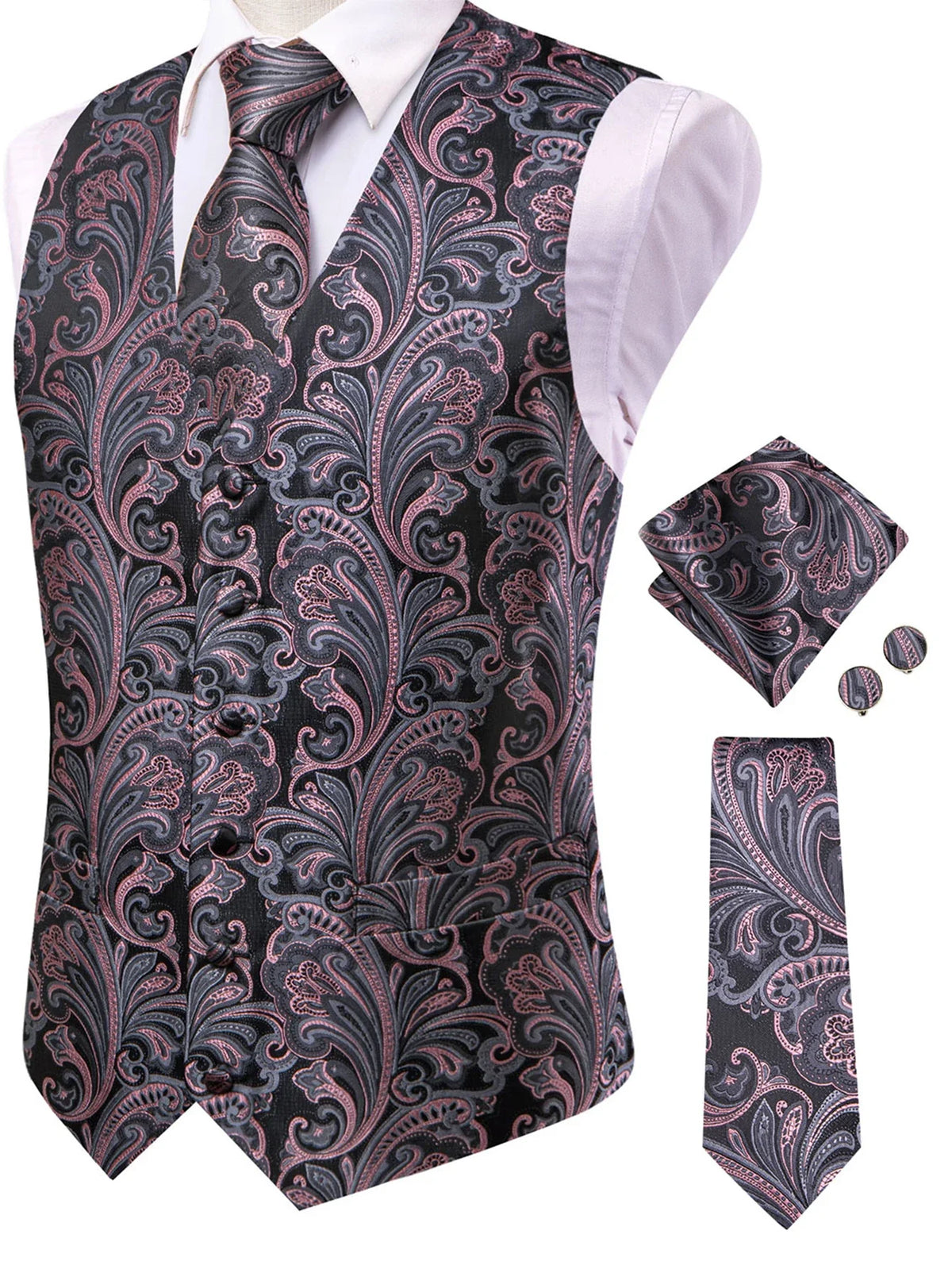 Men's Paisley Waistcoat Set – Single Breasted Vest with Matching Tie for Weddings and Formal Events