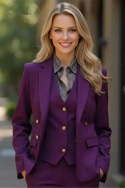 Women's Suit 3 Pieces Purple/Burgundy Fashion Pantsuits Single Breasted Blazer Vest Pants Outfits Social Party Female Clothing
