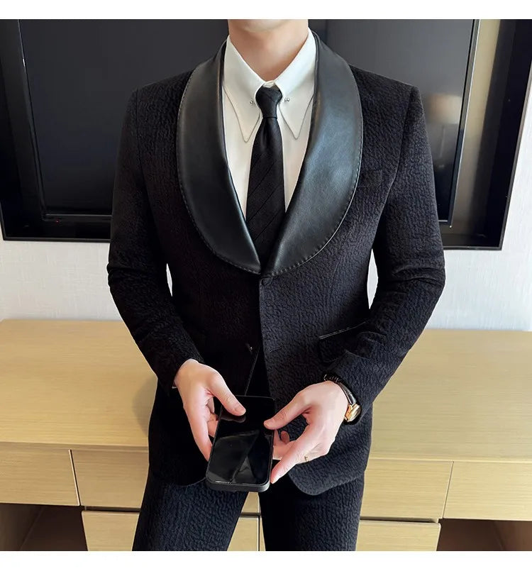 British Style PU Patchwork Suit for Men Casual Business Wedding Suits 2 Pieces Set (jacket+pant) Office Work Party Prom Suit