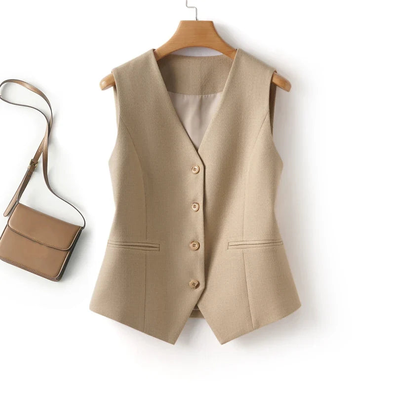 Fashionable Sleeveless Suit Vest for Women in Spring and Autumn Single-Breasted Short V Neck Top Layered with Workplace Elegant W