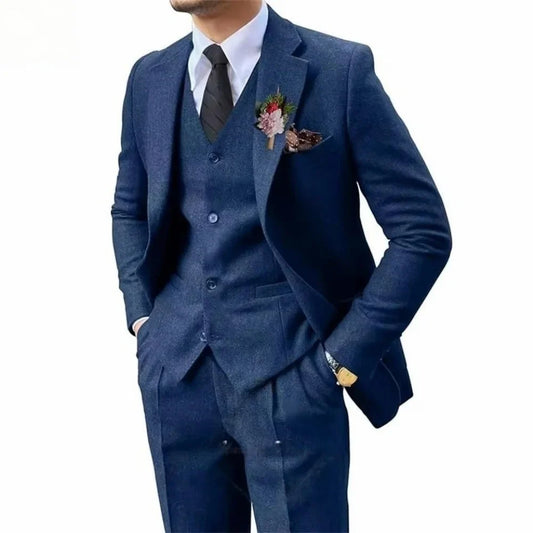 Men's 3-Piece Suit Notched Lapel Single Breasted Fishbone Tweed Wedding Tuxedo