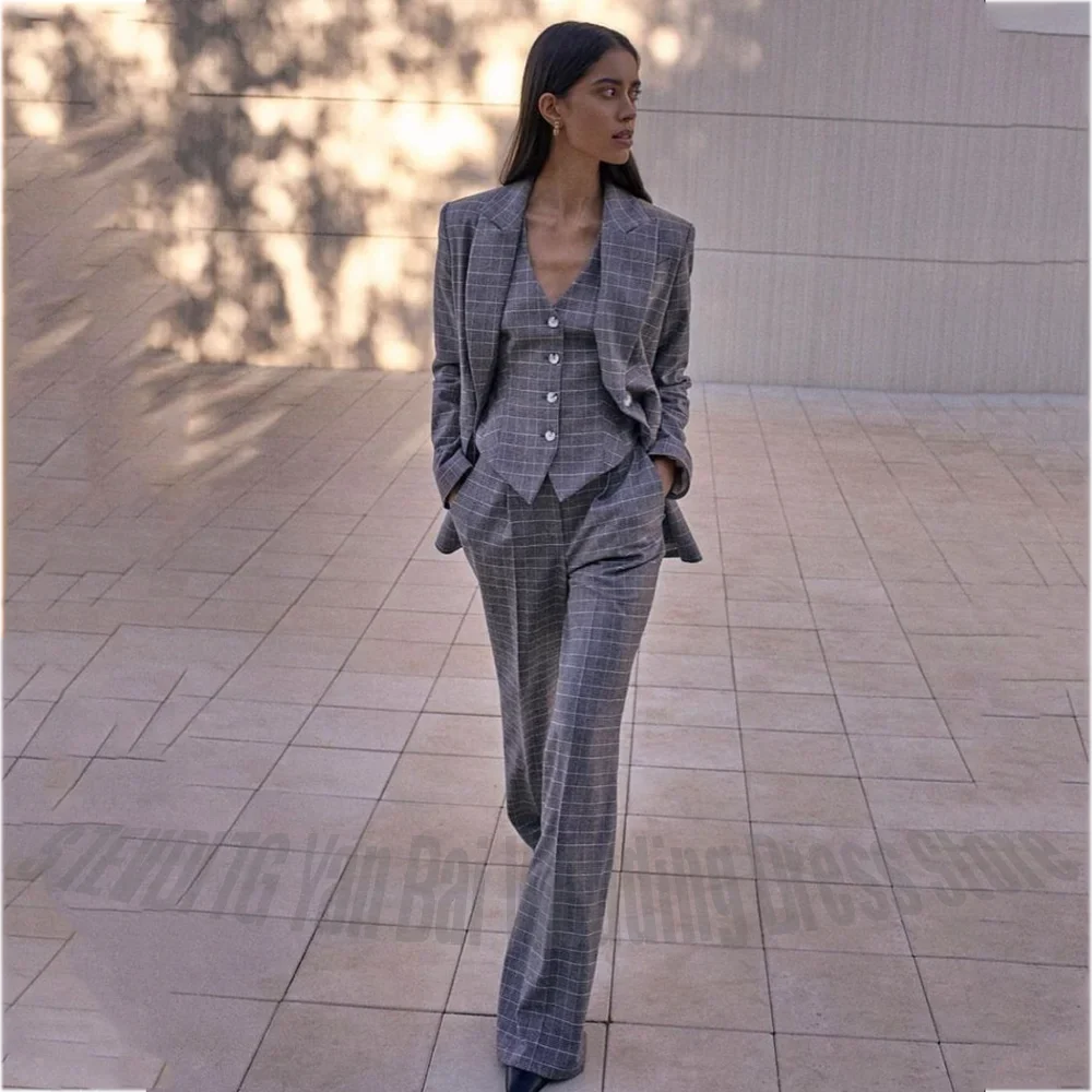 Grey Plaid Women Suits Formal Office Lady Single Breasted Peak Lapel Blazer Vest Pants Straight Business Casual Female Outfit