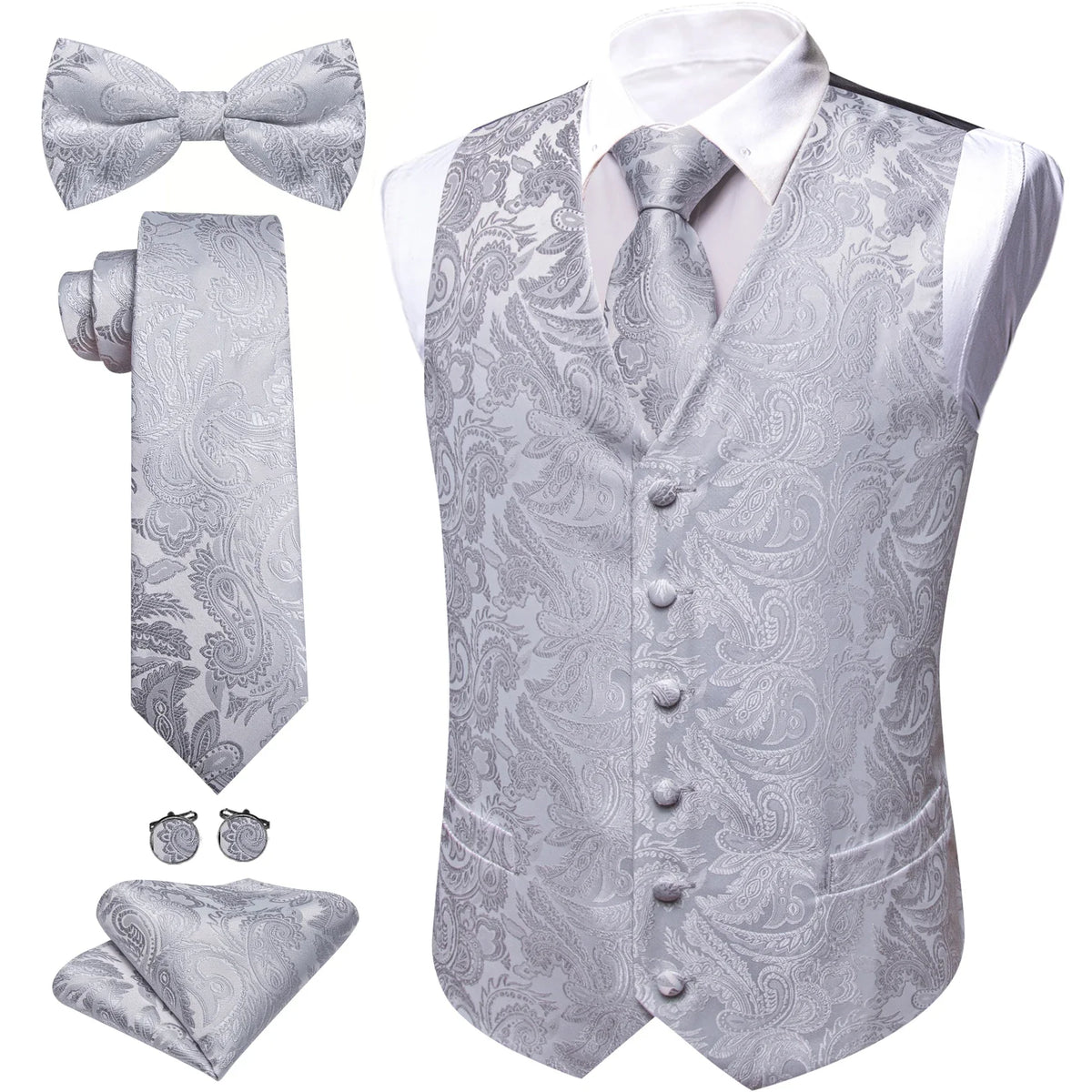Men's Jacquard Suit Vest Set with Tie, Bow Tie, Pocket Square & Cufflinks – Wedding & Formal