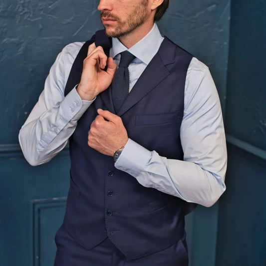 Men Vest Navy Blue Single Button Lapel Formal Waistcoat for Weddings & Business