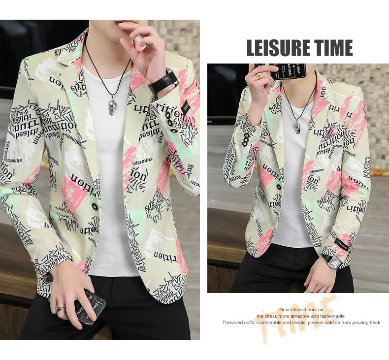 2022 New Fashion Print Suit Jacket Men's Slim Fit Casual Blazers Streetwear Social Club Prom Formal Party Suit Coats Hommes