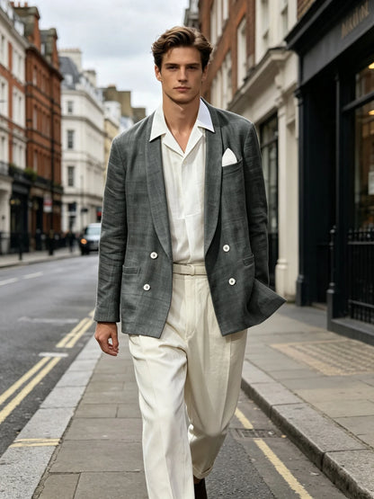 Summer Cotton Linen Blend Men Blazer Double Breasted Casual Suit Jacket Lightweight Soft Elegant Dress Coat For Prom Work Party