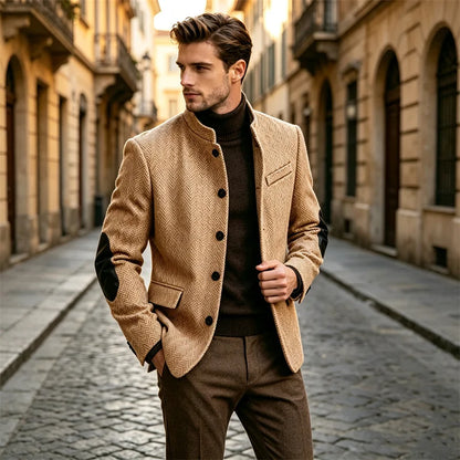 Men's Herringbone Tweed Blazer With Elbow Patches Retro Stand Collar Jacket Slim Fit Daily Party Business Casual Sport Coat ﻿