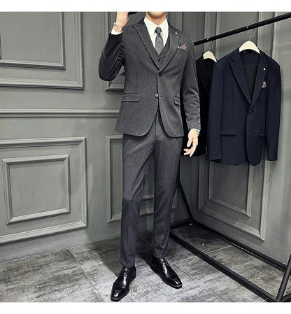 Men's 3 Piece Suit Set Double‑Button Slim Fit Solid Color Business Casual Wedding Party Jacket Vest Pants Formal Outfit for Men