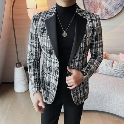 British Style Woven Suit Jacket Men Fashion Plaid Casual Business Blazer Gentleman Versatile Banquet Party Groom Wedding Coats