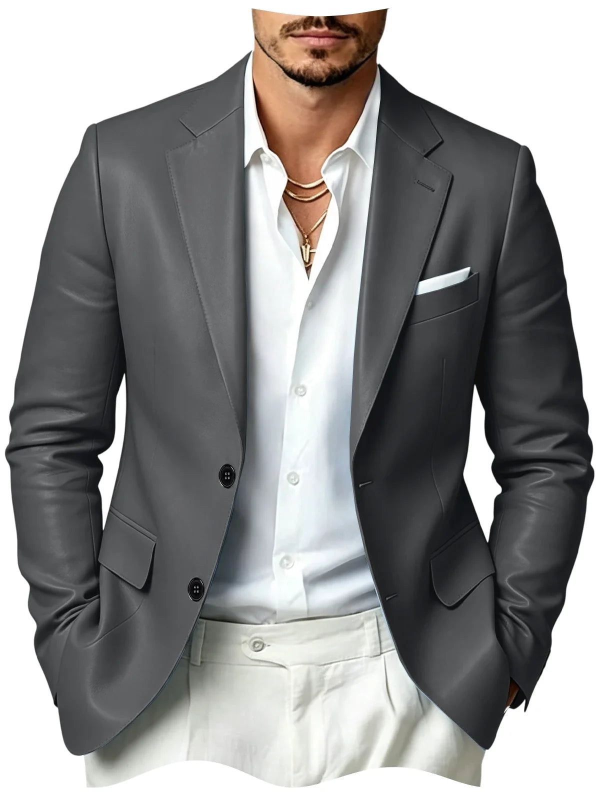 Men's Faux Leather Blazer Slim Fit 2 Button Notched Lapel Suit Jacket Business Formal Leather Sport Coat For Wedding Party