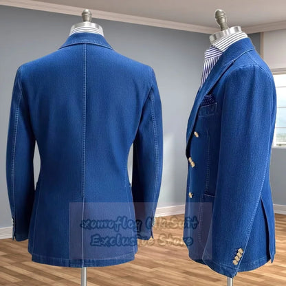 Men's Denim Suit Set Double Breasted Slim Fit Blazer and Trousers for Men