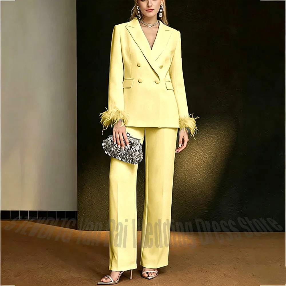 Luxury White Feather Women's Suit Elegant Classic Double Breasted Jacket Pants Formal Evening Party Wedding Guest Outfit