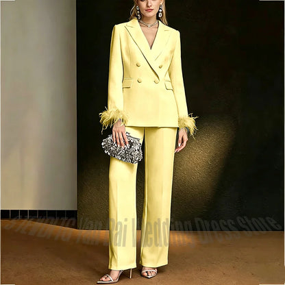 Luxury White Feather Women's Suit Elegant Classic Double Breasted Jacket Pants Formal Evening Party Wedding Guest Outfit