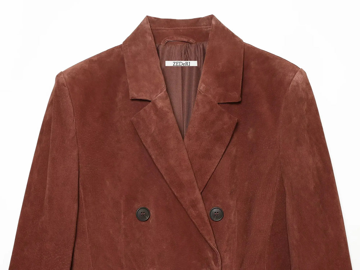Vintage Women's Suede Texture Slim Blazer 2026 Autumn Double Breasted Lapel Suit Jacket Female Elegant Office Coat Outerwear