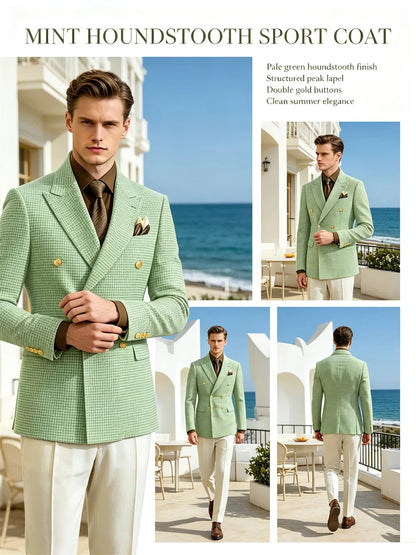 Men's Houndstooth Double Breasted Blazer Vintage Slim Jacket  Fit Formal Business Wedding Party Coat For Men Autumn Winter